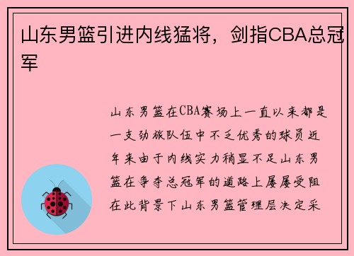 山东男篮引进内线猛将，剑指CBA总冠军