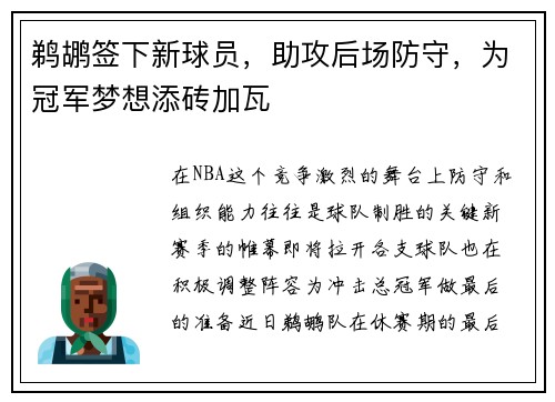 鹈鹕签下新球员，助攻后场防守，为冠军梦想添砖加瓦